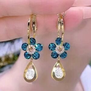 Blue‎ Boho Floral Gemstone Earrings Dangle Dainty Gold White Lever Back